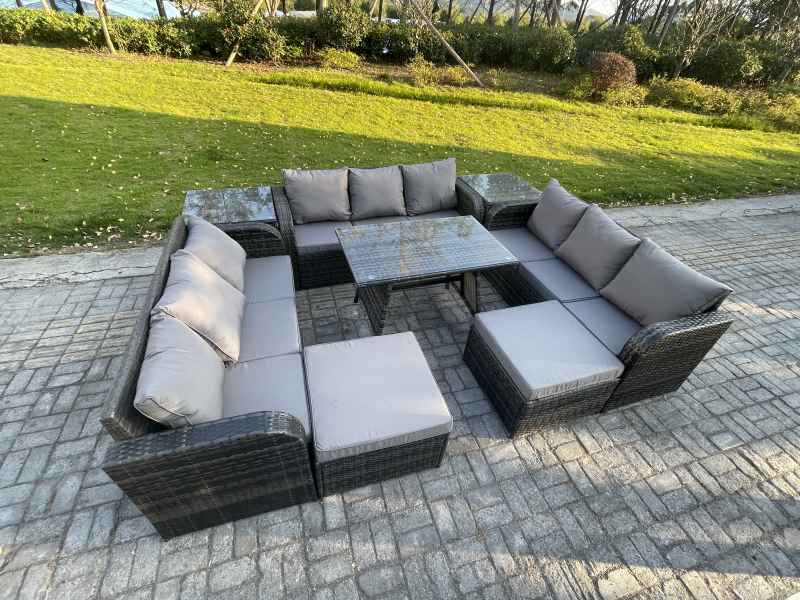 Fimous Rattan Garden Furniture Set 11 Seater Patio Outdoor Lounge Sofa Set with 2 Side Tables Rectangular Dining Table 2 Big Footstool Dark Grey Mixed