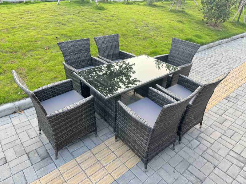 Fimous Rattan Garden Furniture Dining Set 6-seater Patio Black Glass Table Chairs Outdoor Dark Grey Mixed