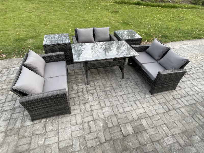 Fimous 6 Seater Wicker PE Rattan Garden Furniture Sets Outdoor Lounge Sofa Set with Oblong Dining Table Double Seat Sofa 2 Side Tables Dark Grey Mixed
