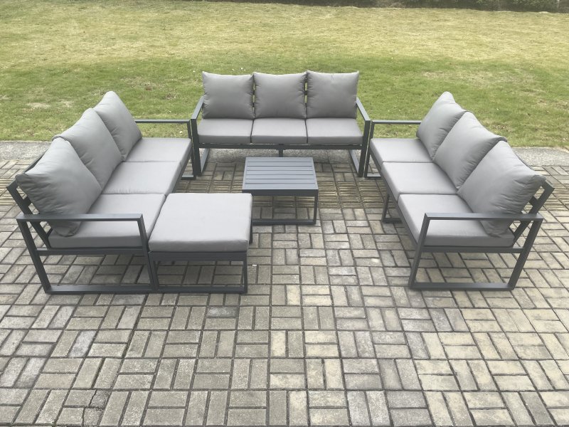 Fimous Aluminium 10 Seater Outdoor Garden Furniture Set Patio Lounge Sofa with Square Coffee Table Big Footstool Conservatory Set Dark Grey