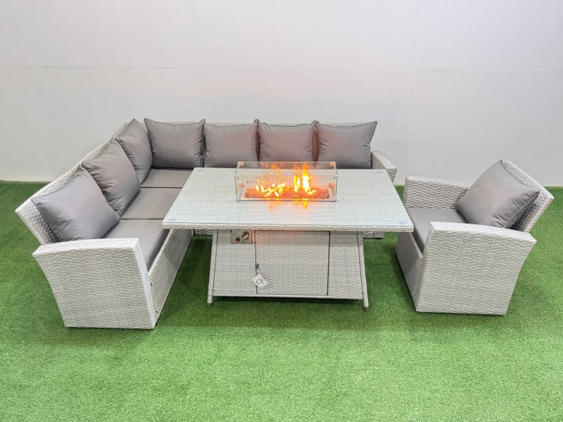 Fimous 7 Seat Rattan Garden Furniture Corner Sofa Set Outdoor Gas Fire Pit Table Sets with Armchair Light Grey