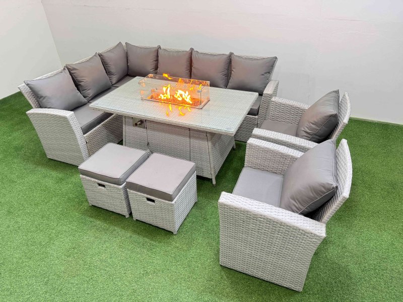 Fimous Rattan Corner Sofa Chair Set Outdoor Furniture Garden Dining Sets Gas Fire Pit Table with Temper Glass 2 Footstools Light Grey Mixed