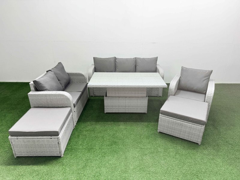 Fimous Patio PE Wicker 8 Seater Outdoor Rattan Furniture Sofa Sets with Adjustable Lifting Dining or Coffee Table Reclining Chair Loveseat Sofa 3 Seater Sofa 2 Big Footstools Light Grey