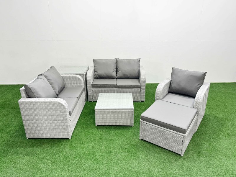 Fimous High Back Poly Rattan Garden Furniture Set with Reclining Chair Loveseat Sofa Square Coffee Table Indoor Outdoor Patio Set Big Stool Side Table Light Grey
