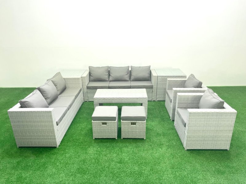 Fimous Outdoor Garden Furniture Rattan Sofa Set with 2 Armchairs Oblong Coffee Table 2 Small Footstools 2 Side Tables Light Grey Mixed