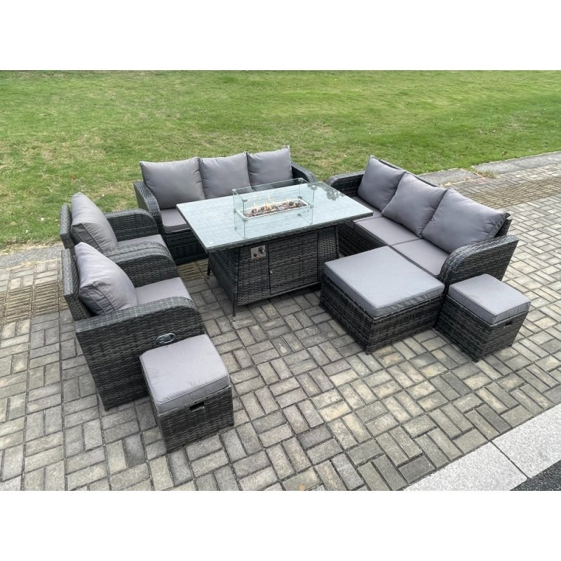 Fimous Wicker PE Rattan Garden Furniture Set Gas Fire Pit Dining Table Indoor Outdoor with Chair Loveseat Sofa 3 Footstools