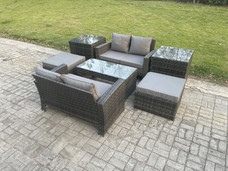 Fimous High Back Rattan Garden Furniture Sofa Sets with Rectangular Coffee Table 2 Side Tables 2 Big Footstool Dark Grey Mixed