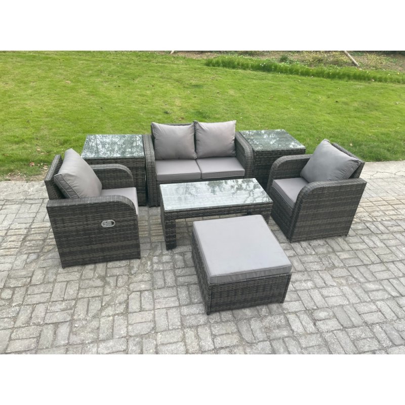 Fimous Rattan Lounge Sofa Set 7 PCS Outdoor Garden Furniture Set with Rectangular Coffee Table Love Sofa 2 Side Tables Big Footstool Dark Grey Mixed