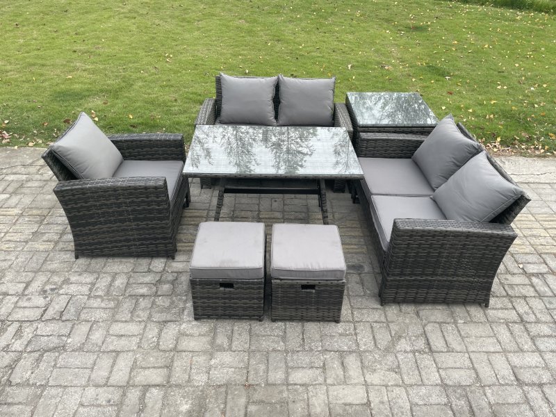 Fimous Wicker PE Rattan Garden Dining Set Outdoor Furniture Sofa with Rectangular Dining Table Love Seat Sofa Side Table 2 Small Footstools Dark Grey Mixed
