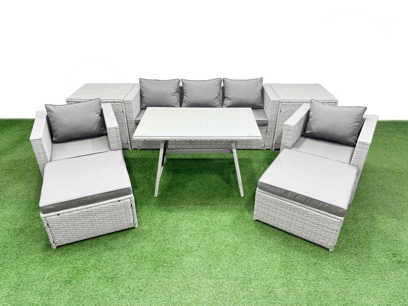 Fimous 9 Pieces Outdoor PE Rattan Sofa Armchair Set Patio Garden Furniture Sets with Cushions 2 Side Tables 2 Big Stools Light Grey