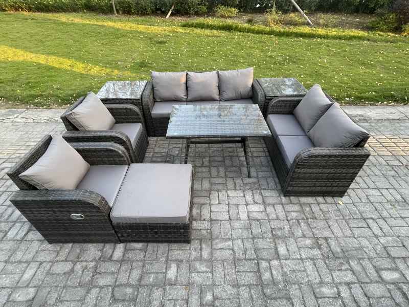 Fimous 8 Seater High Back PE Rattan Sofa Set Outdoor Garden Furniture Dining Table Set With Reclining Chair 3 Seater Sofa Love Sofa 2 Side Tables Big Footstool
