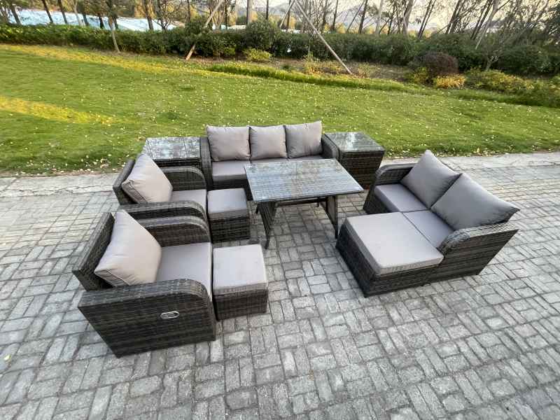 Fimous Outdoor Rattan Garden Furniture Set 10 Seater Patio Lounge Sofa Set with Dining Table 3 Footstools 2 Side Tables Dark Grey Mixed