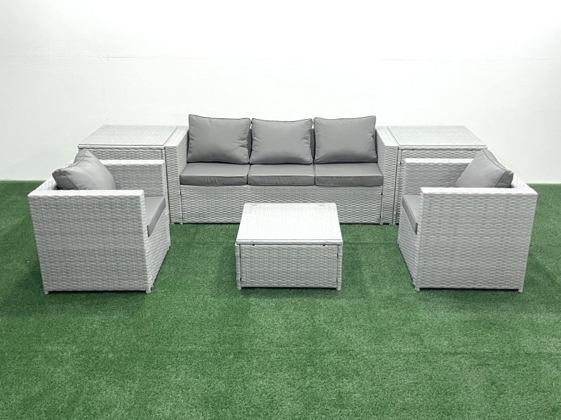 Fimous 5 Seater Rattan Garden Furniture Set with 3 Seater Sofa 2 Chair Square Coffee Table 2 Side Tables Light Grey Mixed