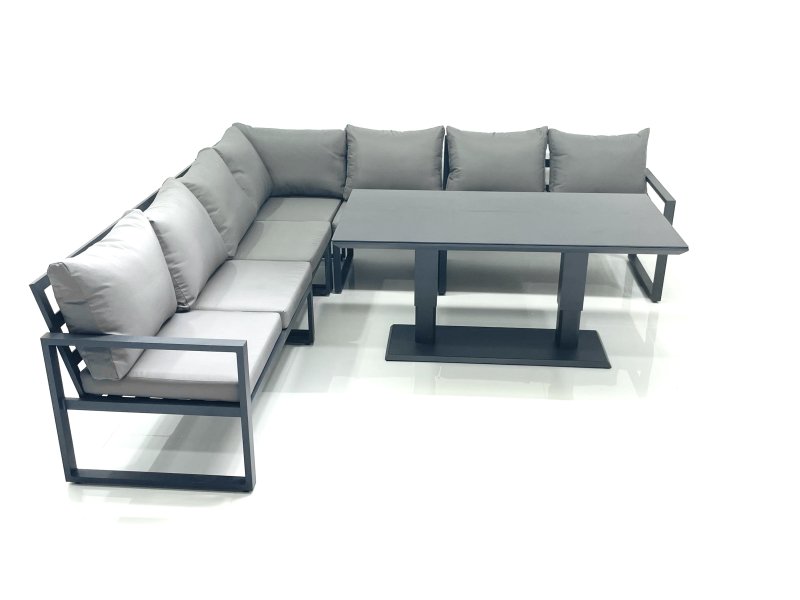 Fimous 7 Seater Outdoor Aluminum Garden Furniture Set Corner Sofa Adjustable Rising Lifting Dining Table Sets Dark Grey