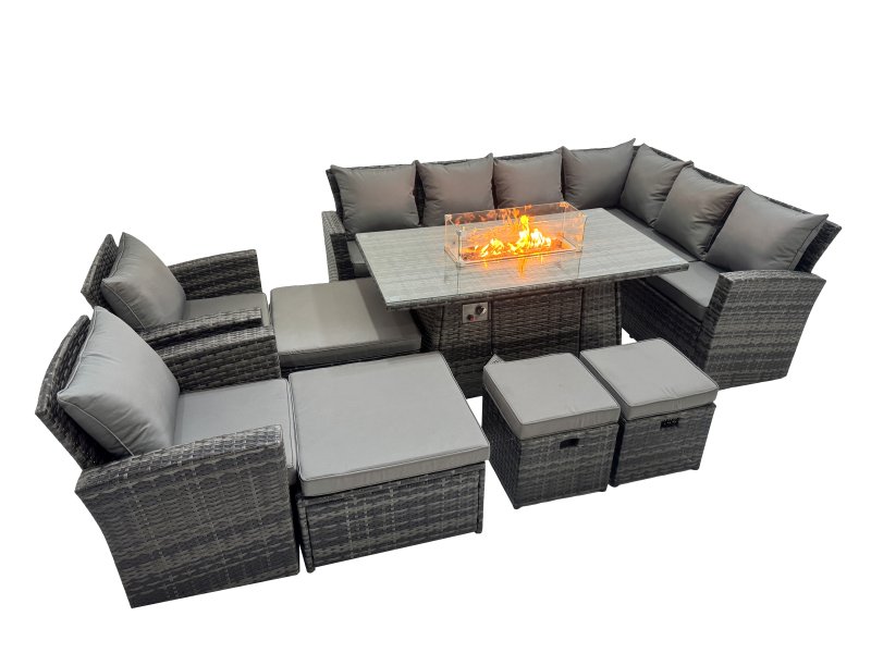 Fimous Outdoor Furniture Garden Dining Set Rattan Corner Sofa Chair Set Gas Fire Pit Table with Temper Glass 4 Footstools Dark Grey Mixed