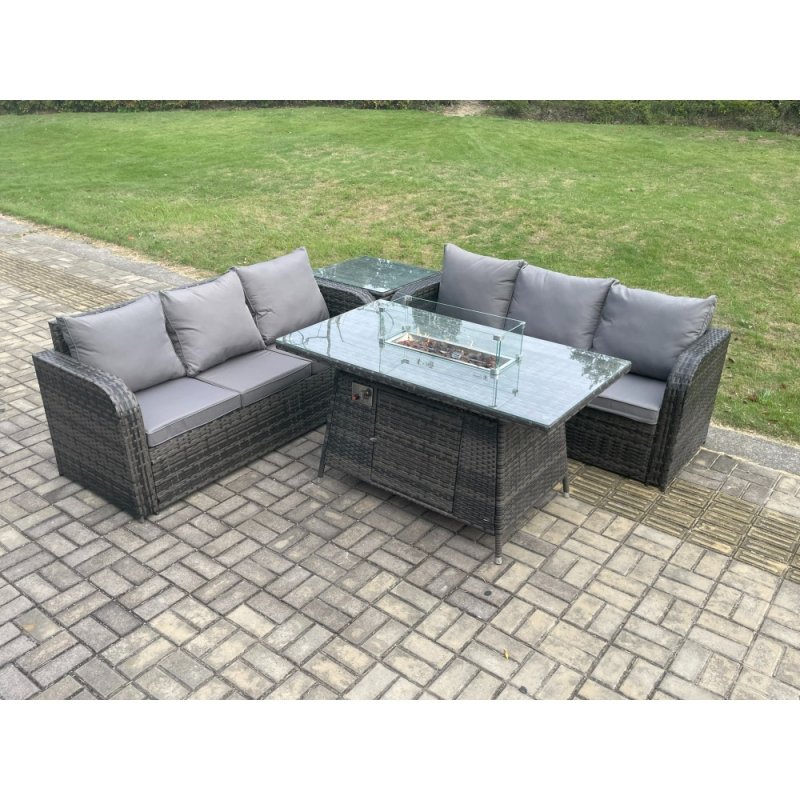 Fimous Rattan Garden Furniture Set with Fire Pit Table 4 Pieces Outdoor Patio Lounge Sofa Set Dark Grey Mixed