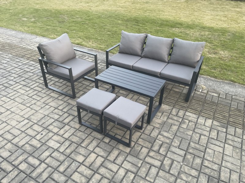 Fimous Aluminium Outdoor Garden Furniture Set Patio Lounge Sofa with Oblong Coffee Table 2 Small Footstools Armchair Dark Grey