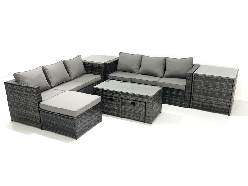 Fimous Garden Outdoor Rattan Furniture Set with Sofa Coffee table 3 Footstools 2 Side Tables Dark Grey Mixed