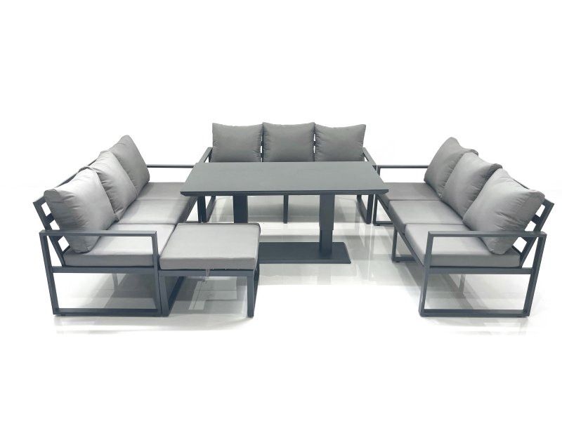 Fimous 10 Seater Garden Sofa Set Aluminium Furniture Rising Dining Tabe Set with Big Footstool Dark Grey