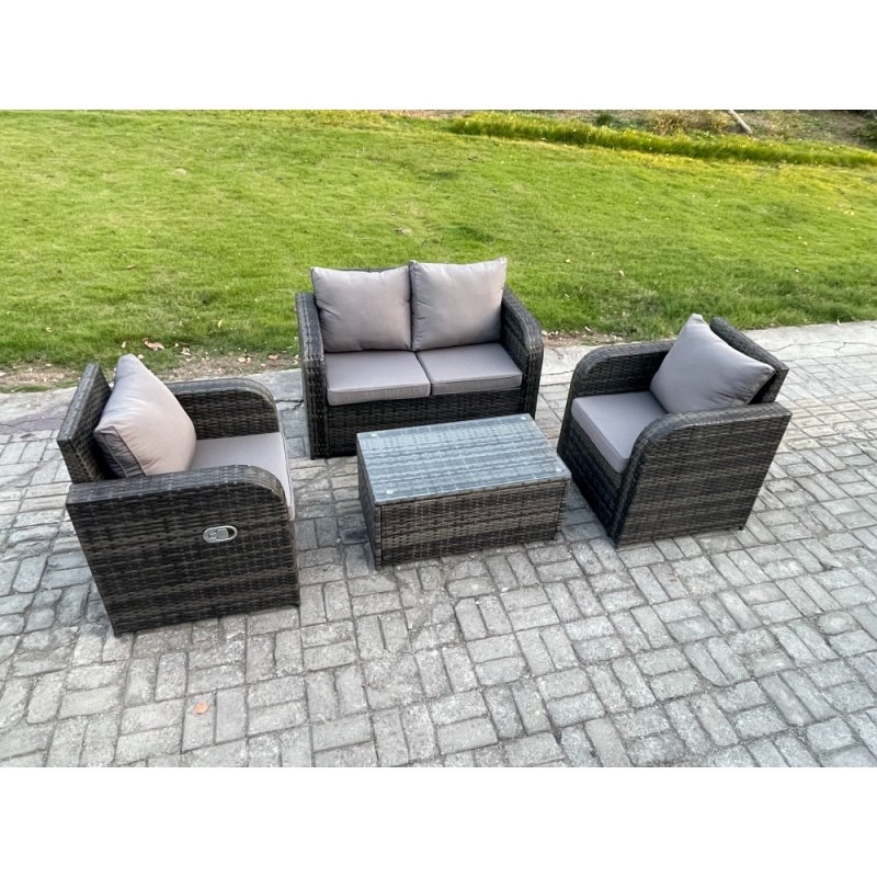 Fimous 4 PC Outdoor PE Rattan Garden Furniture Set Wicker Love Sofa Coffee Table 2 Armchair Dark Grey Mixed