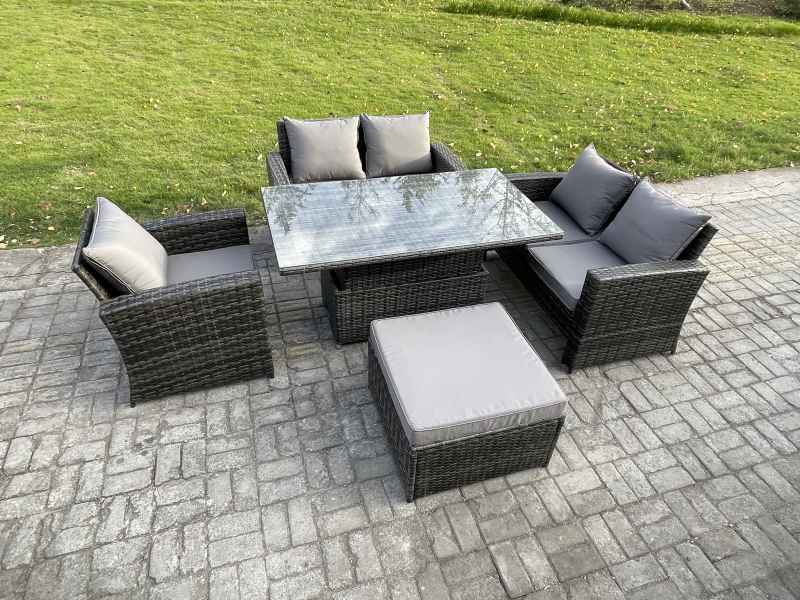 Fimous 5pcs Rattan Outdoor Garden Furniture Set Height Adjustable Rising Lifting Table Sofa Dining Set with Big Footstool Dark Grey Mixed