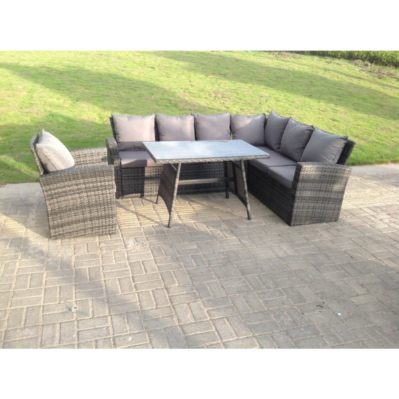 Fimous 7 Seater High Back Rattan Garden Furniture Set Corner Sofa With Oblong Dining Table And Chair Set