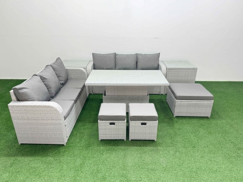 Fimous Outdoor Garden Furniture Sets 9 Seater Wicker Rattan Furniture Sofa Sets with Adjustable Lifting Dining or Coffee Table high Back Lounge Sofa 3 Stools 2 Side Table Light Grey