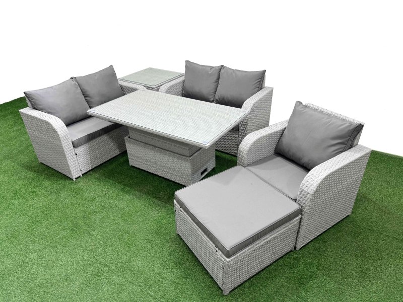Fimous High Back Poly Rattan Garden Furniture Set with Reclining Chair Loveseat Sofa Adjustable Lifting Dining or Coffee Table Indoor Outdoor Patio Set Big Stool Side Table Light Grey