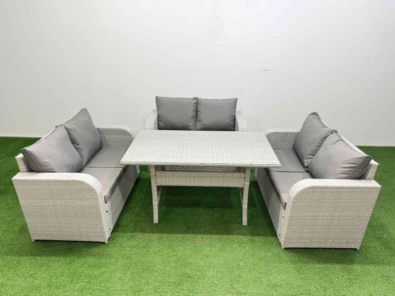 Fimous 6 Seater PE Wicker Rattan Furniture Sofa Sets with Rectangular Dining Table 2 Seater Love Sofa Light Grey