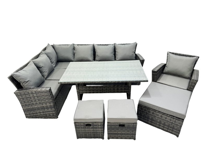 Fimous 10 Seat Rattan High Back Corner Sofa Set Patio Dining Table Set with 3 Stools Chair Dark Grey Mixed