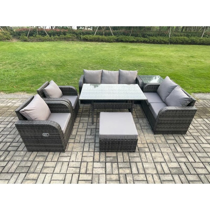 Fimous Dark Grey PE Wicker Rattan Garden Furniture Set Reclining Chair Love Sofa 2 Seater Sofa Set Outdoor Rectangular Dining Table Big Stools Side Table 8 Seater
