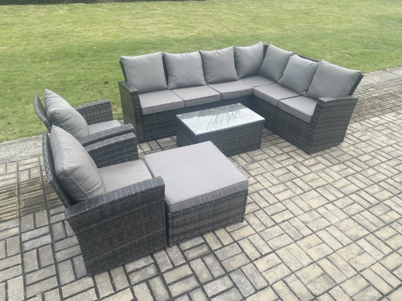 Fimous 9 Seater High Back Outdoor Garden Furniture Set Rattan Corner Sofa Set With Rectangular Coffee Table Big Footstool 2 Armchairs Dark Grey Mixed
