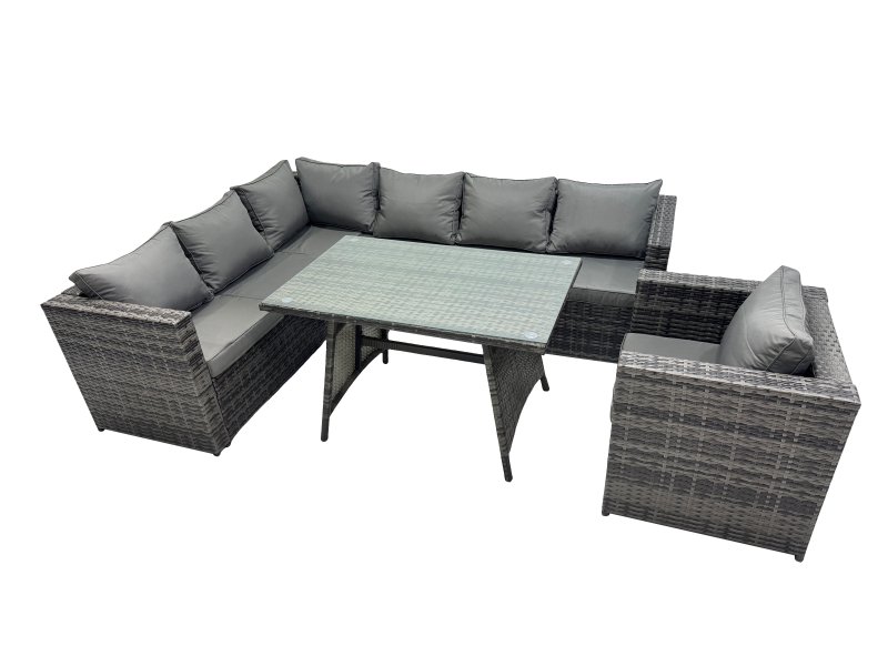 Fimous 7-seater Outdoor PE Rattan Sofa Set with Dining Table Patio Garden Furniture Sets with Chair Dark Grey Mixed