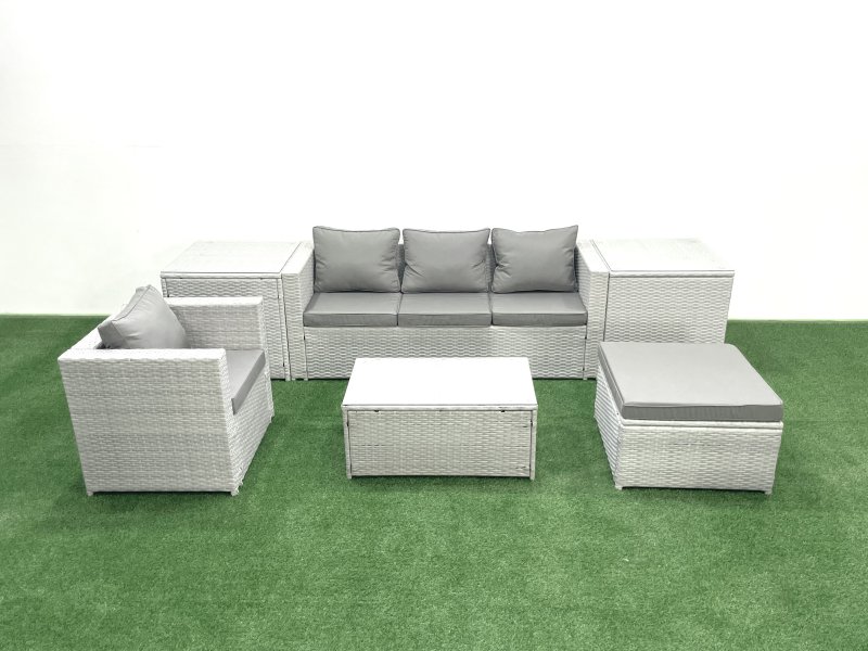 Fimous 6 Pieces Rattan Garden Furniture Set Outdoor Garden Sofa Chair Coffee Table Set with 2 Side Tables Big Footstool Light Grey Mixed