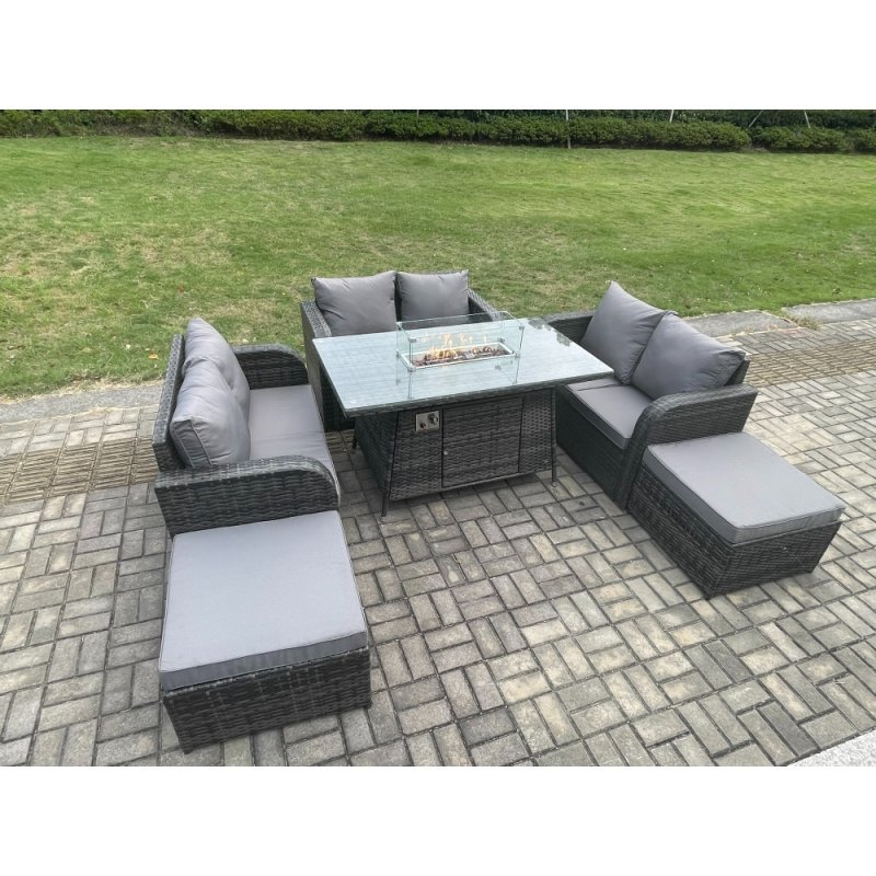 Fimous 8 Seater Rattan Outdoor Garden Furniture Sofa Set Gas Fire Pit Dining Table Gas Heater with Love Sofa 2 Big Footstool Dark Grey Mixed