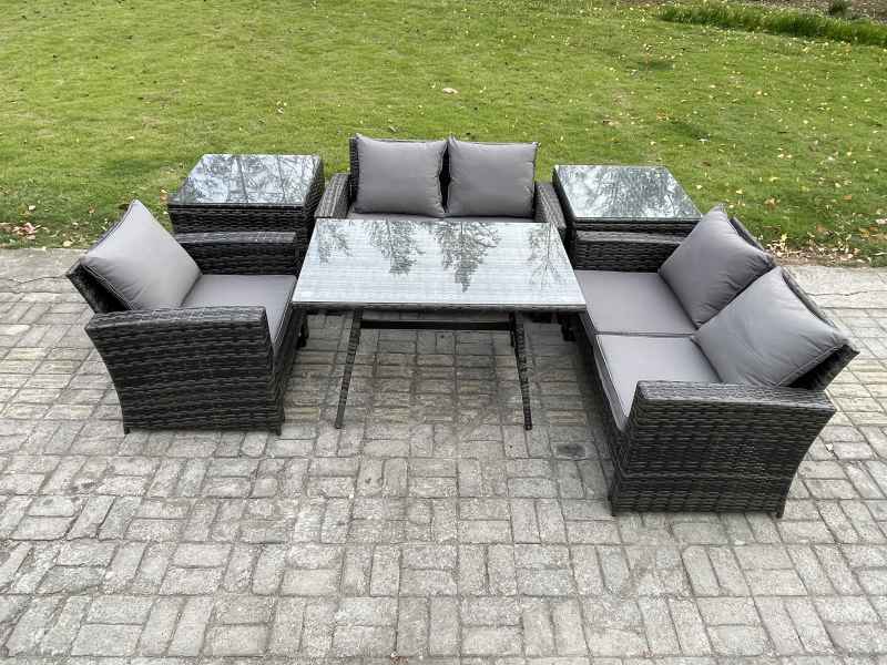 Fimous Wicker PE Rattan Garden Dining Set Outdoor Furniture Sofa with Rectangular Dining Table Love Seat Sofa 2 Side Tables Dark Grey Mixed