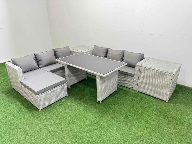 Fimous Rattan Garden Furniture Dining Set 7-seater Patio Rectangular Table Sofa Set with 2 Side Tables Big Stool Light Grey