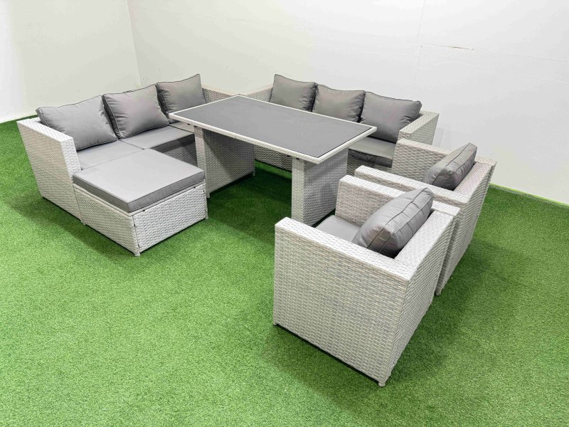 Fimous 9 Seater Wicker PE Rattan Furniture Outdoor Dining Table 3 Seater Sofa Armchair Set with Big Stool Light Grey
