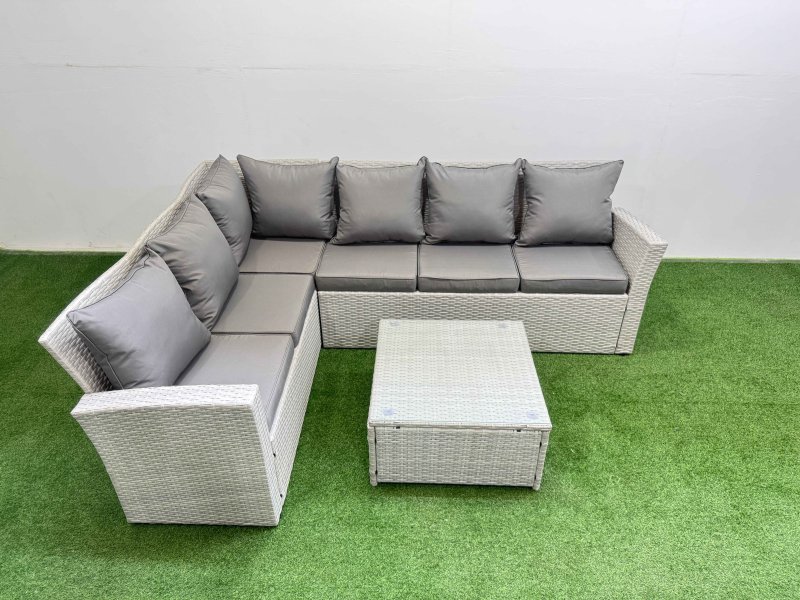 Fimous Outdoor Rattan Garden Furniture Set 6 Seater Corner Sofa Sets with Square Coffee Table Light Grey Mixed