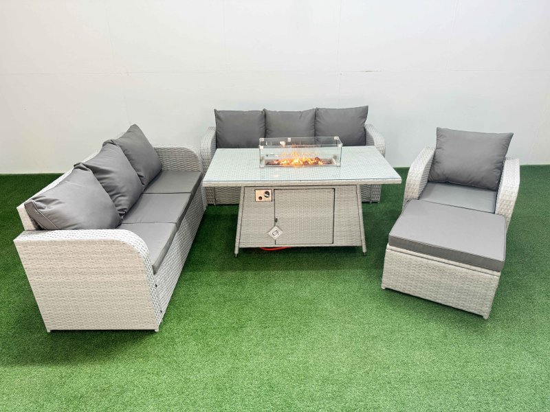 Fimous 8 Seater Poly Rattan Outdoor Garden Furniture Firepit Dining Table Sofa Set Patio 3 Seater Sofa Reclining Chair 3 Seater Sofa Big Footstool Light Grey