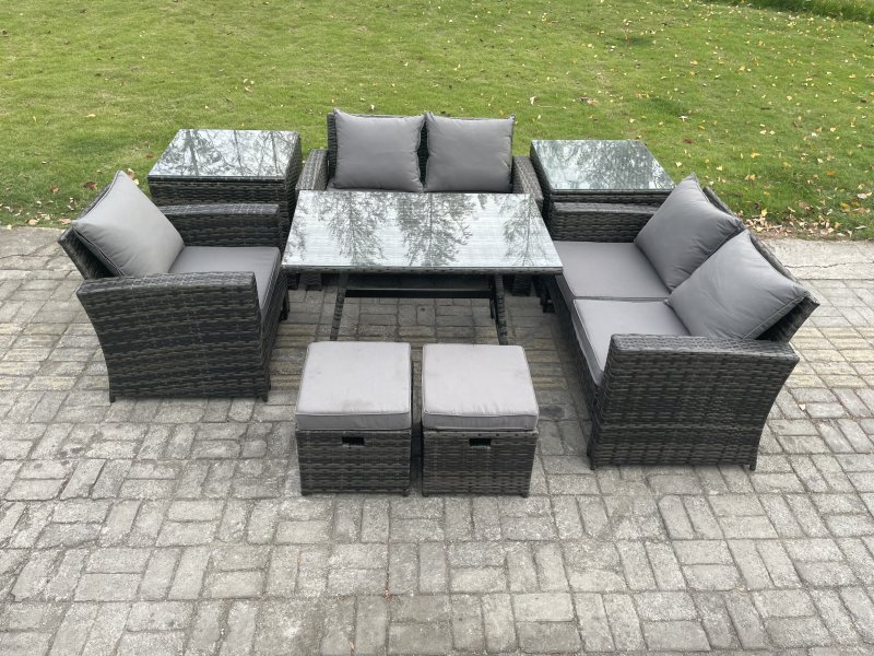 Fimous Garden Dining Set Wicker PE Rattan Outdoor Furniture Sofa with Rectangular Dining Table Double Seat Sofa 2 Side Tables 2 Small Footstools Dark Grey Mixed