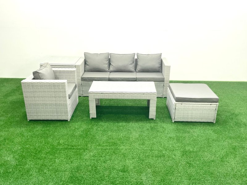 Fimous Outdoor Rattan Garden Furniture Set with Grey Cushions Luxury 5 Seater with Side Table and Coffee Table For Conservatory,Patio