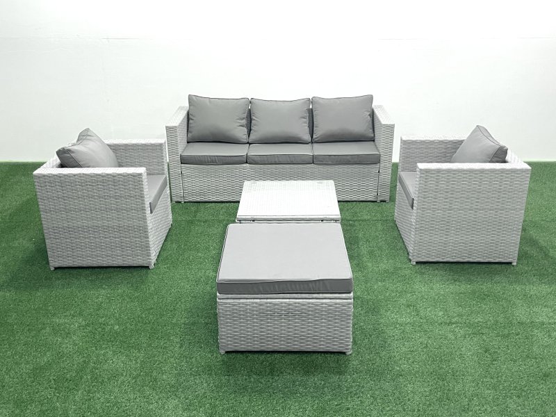 Fimous 6 Seater Rattan Garden Furniture Set with 3 Seater Sofa 2 Chair Square Coffee Table Big Footstool Light Grey Mixed