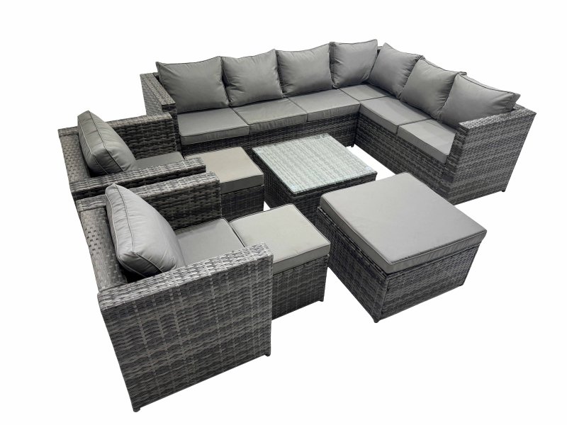 Fimous Outdoor PE Rattan Garden Furniture Sofa Set with Square Coffee Table 3 Stools 2 Chair Dark Grey