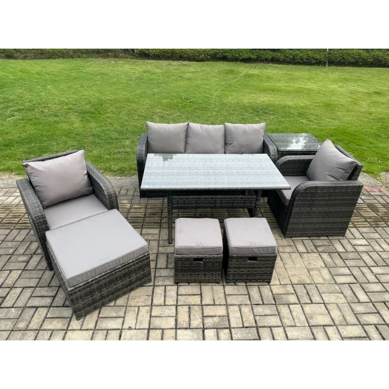 Fimous 8 Pcs Rattan Outdoor Garden Furniture Set Rectangular Dining Table and Chair Sofa Set With Side Table 3 Footstools Dark Grey Mixed