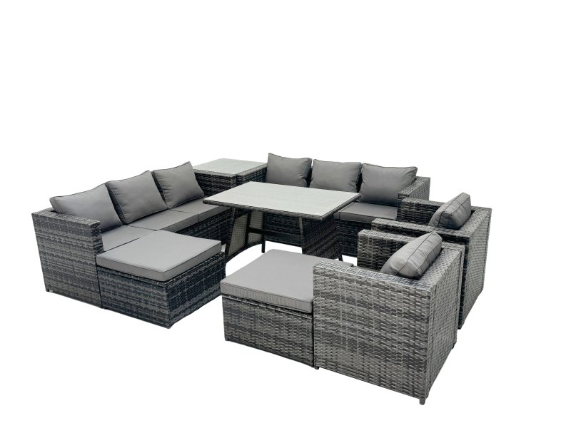 Fimous Rattan Dining Table Sofa Set with Armchair Side Table 2 Big Footstools Outdoor 10 Seat Garden Furniture Set Dark Grey Mixed