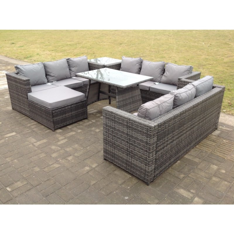 Fimous Outdoor Rattan Garden Furniture Lounge Sofa Set With Oblong Dining Table Side Coffee Table And Big Footstool