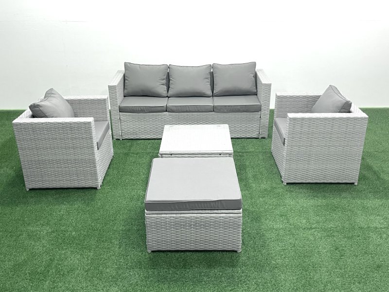 Fimous 6 Seater Rattan Garden Furniture Set with 3 Seater Sofa 2 Chair Square Coffee Table Big Footstool Light Grey Mixed
