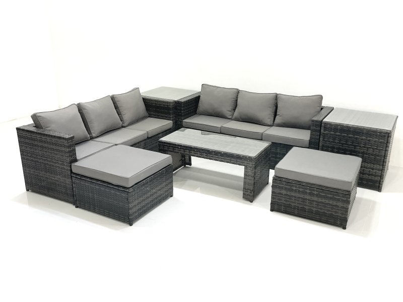 Fimous Garden Outdoor Rattan Furniture Set with Sofa Coffee table 2 Big Footstools 2 Side Tables Dark Grey Mixed
