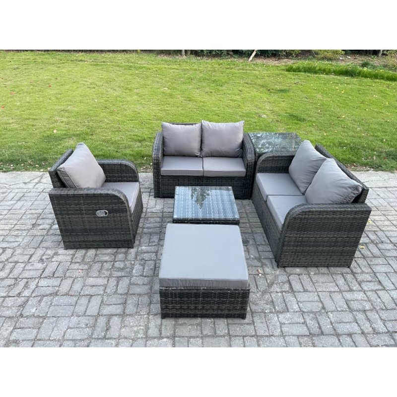 Fimous 6 Piece Garden Furniture Sets 6 Seater Outdoor Patio Furniture Set Weaving Wicker Rattan Sofa Chair and Table with Big Footstool Side Table
